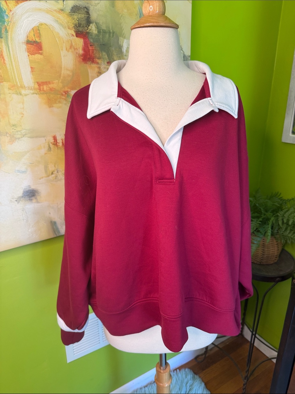 Kids Burgundy Pullover Sweatshirt with White Contrast Collar